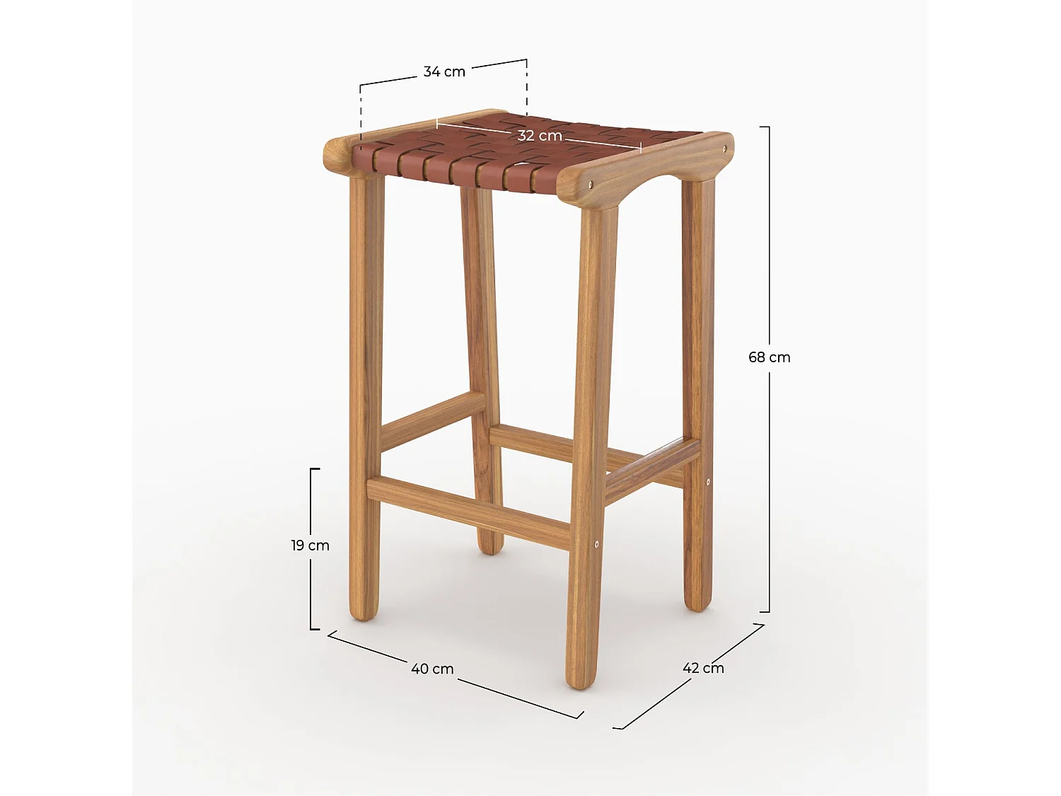 68 cm Kücheninselhocker aus Teakholz und braunem geflochtenem Leder - Kuna