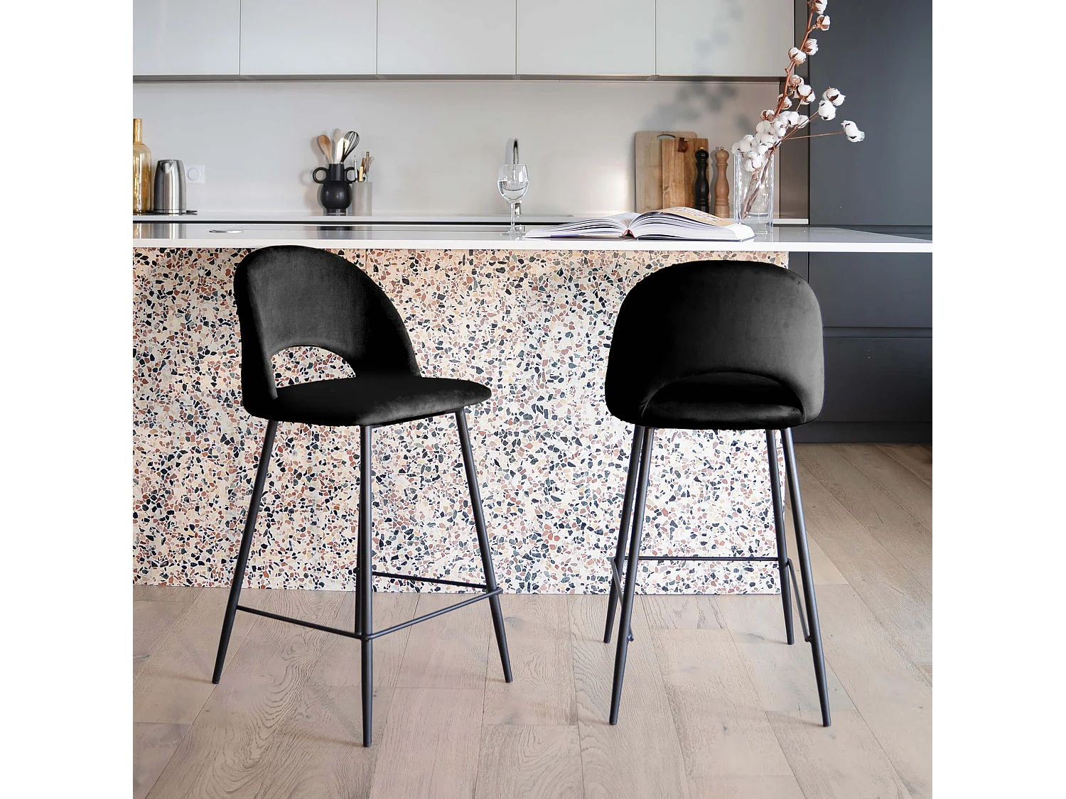Lot de 2 chaises pour îlot central 65 cm en velours noir - Pénélope