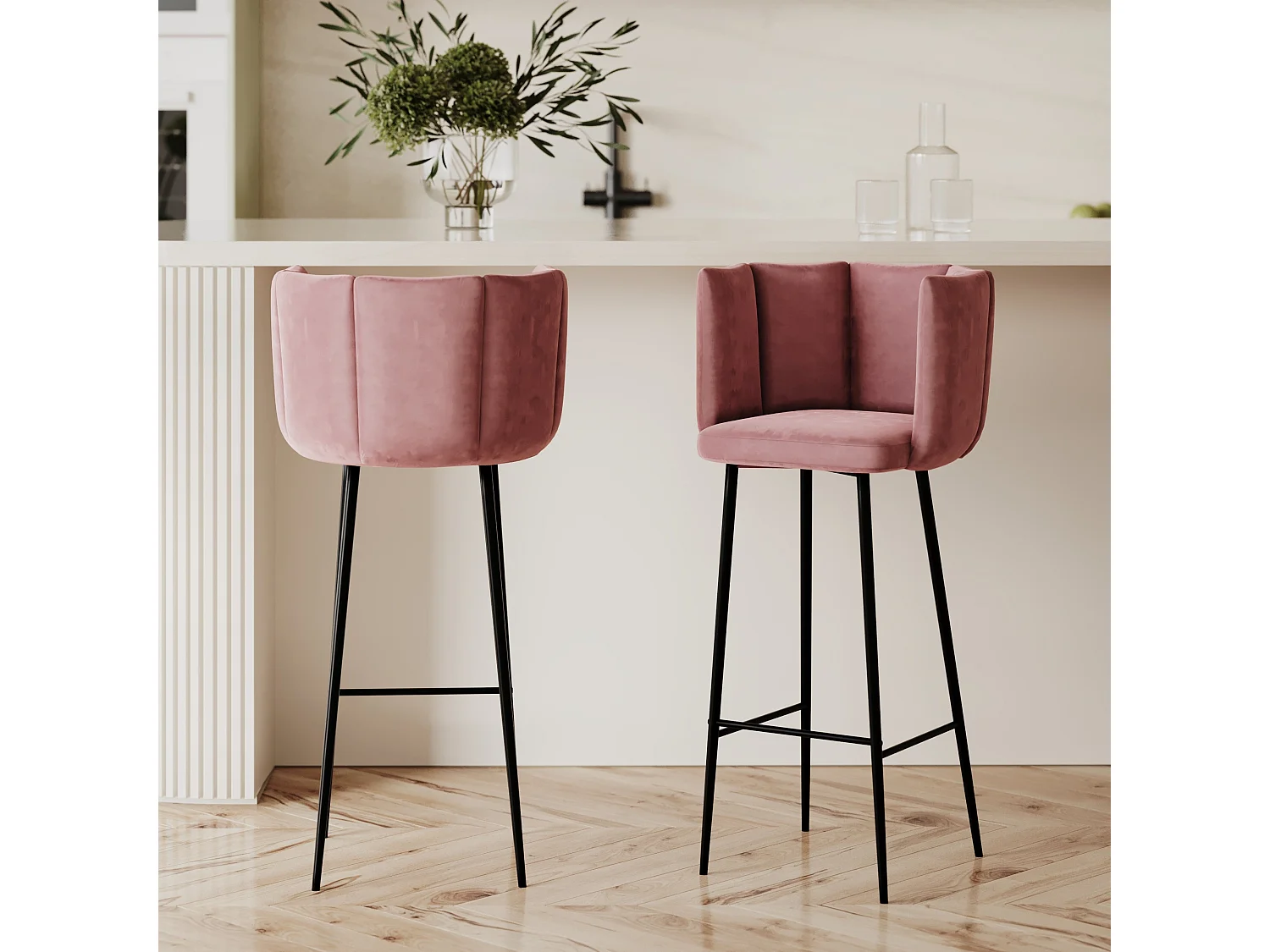Lot de 2 chaises de bar en velours rose 75 cm - Rosy