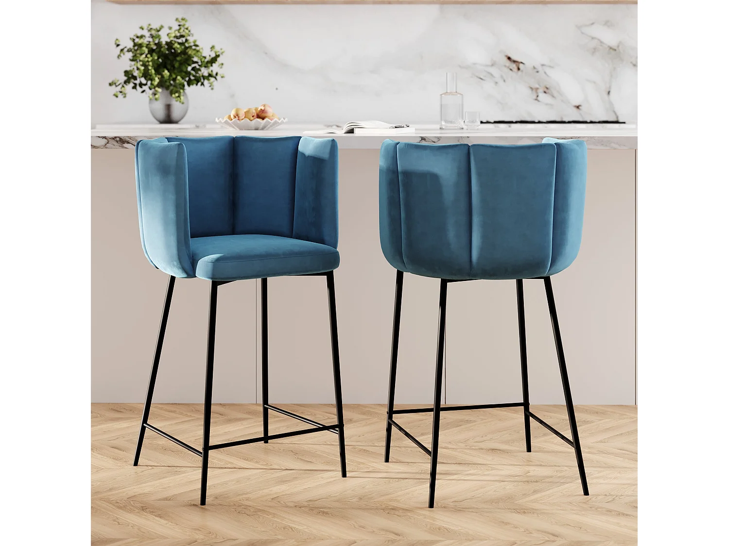 Lot de 2 chaises pour îlot central 67 cm en velours bleu - Rosy