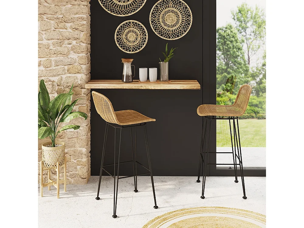 Lot de 2 chaises de bar 76 cm en résine tressée marron - Jigani