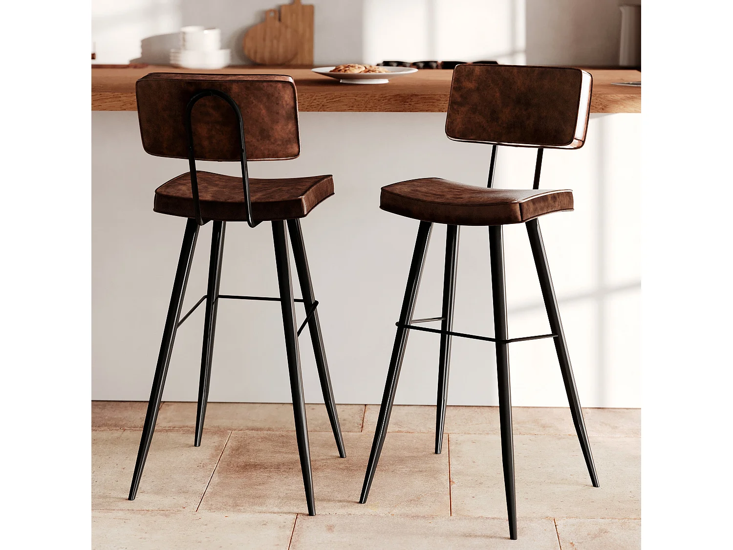 Lot de 2 chaises de bar marron en cuir synthétique 75.5 cm - Texas