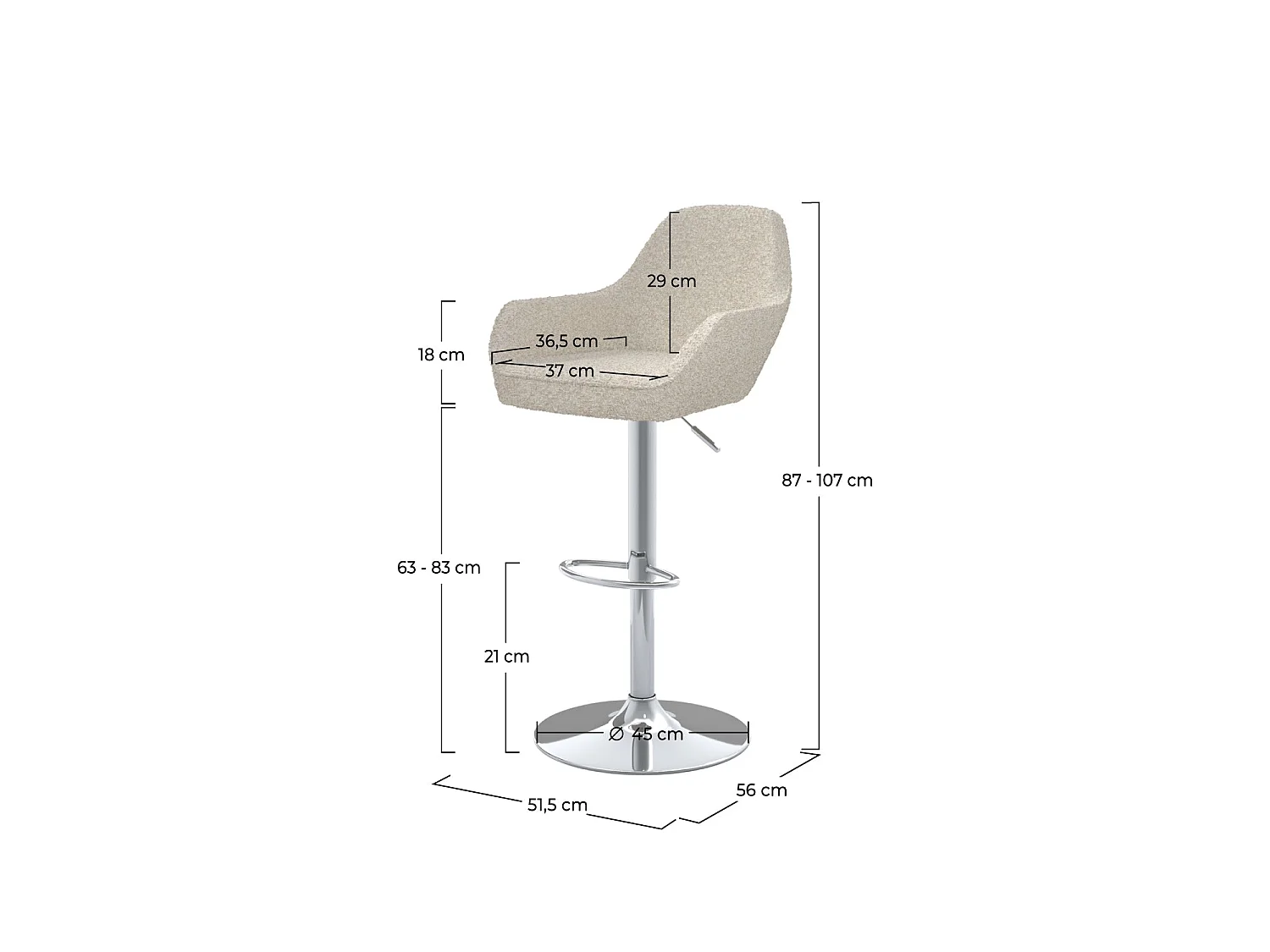Lot de 2 chaises de bar effet laine bouclette blanc cassé 63/83 cm - Adam