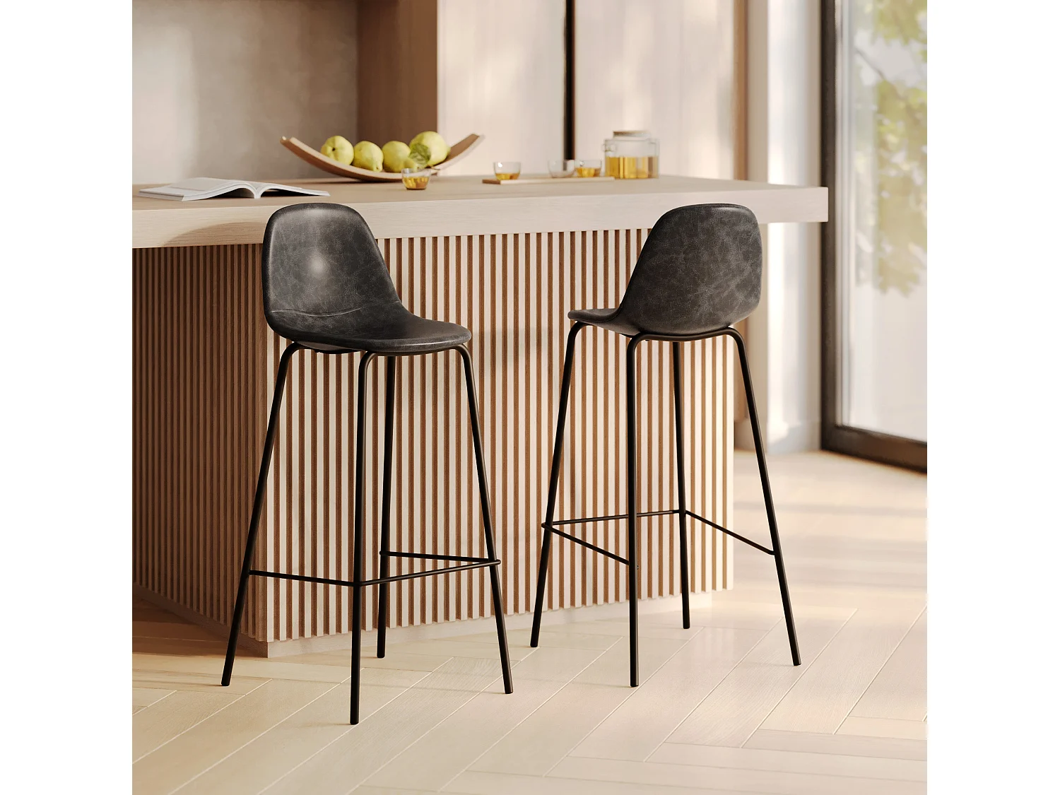 Lot de 2 chaises de bar 75 cm en cuir synthétique gris/noir - Henrik