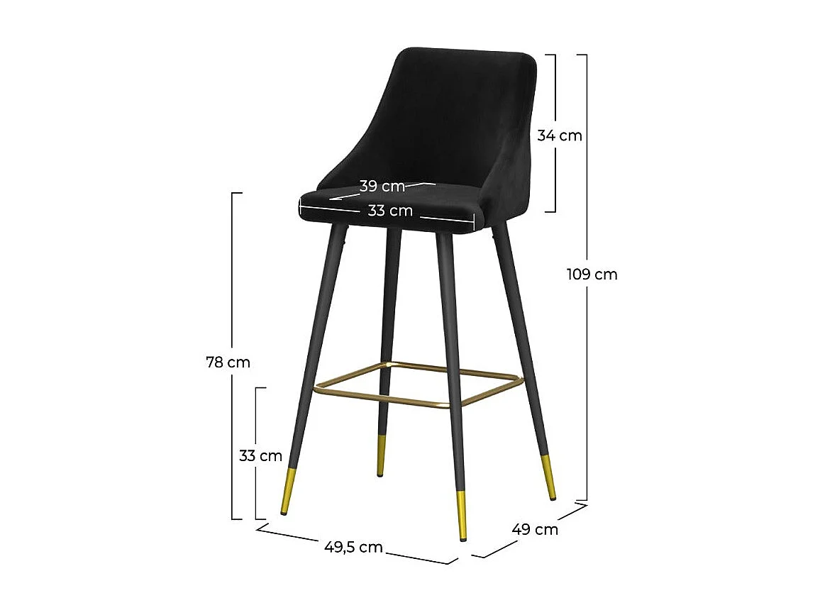 Conjunto de 2 sillas de bar de 78 cm en terciopelo negro - Aristote