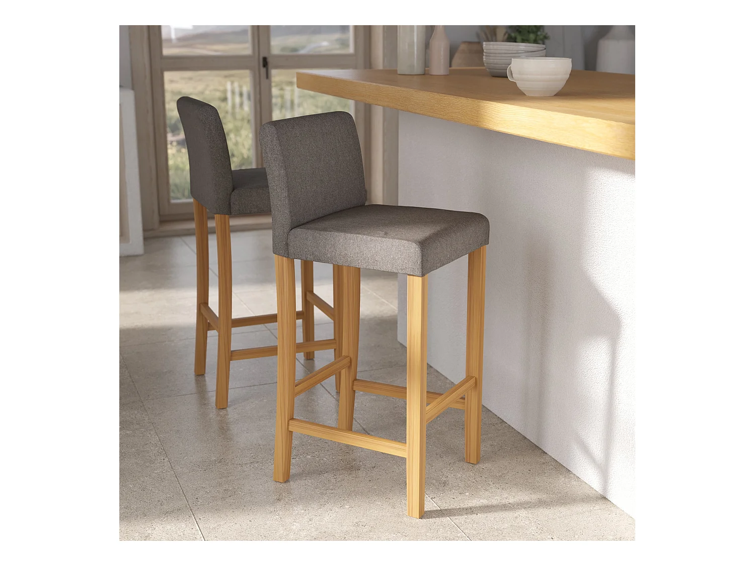 Set de 2 sillas de bar en tela gris oscuro con patas de madera 75 cm - Havane