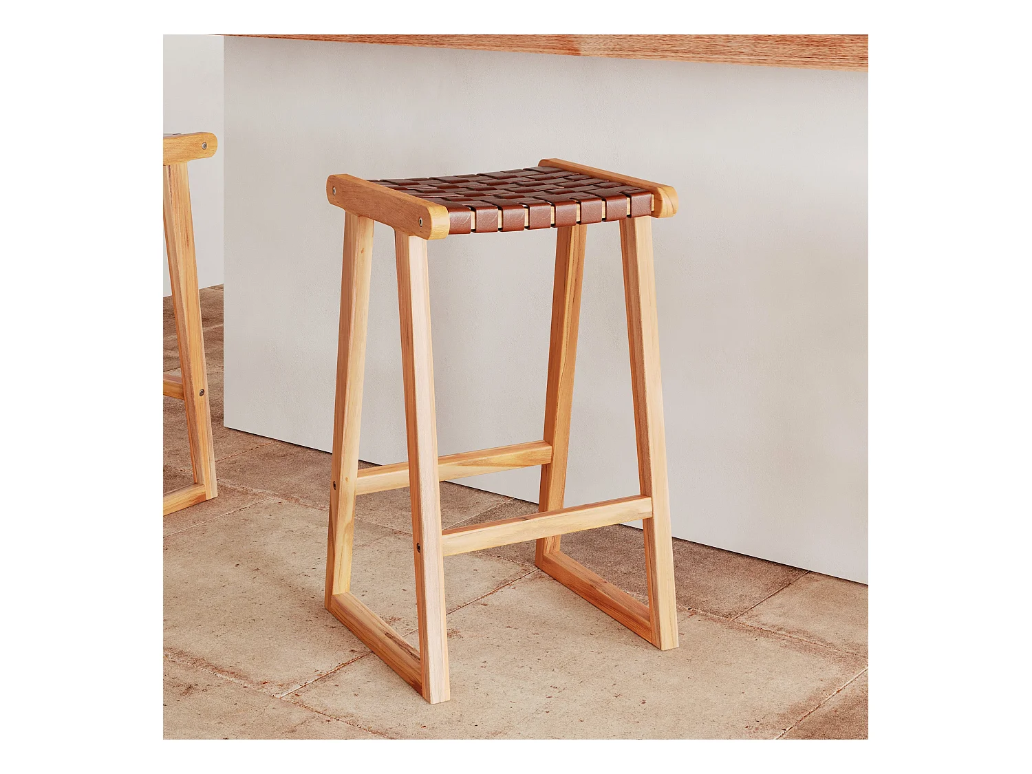 Taburetes para isla de cocina de teca y cuero tejido marrón 65 cm - Yuma