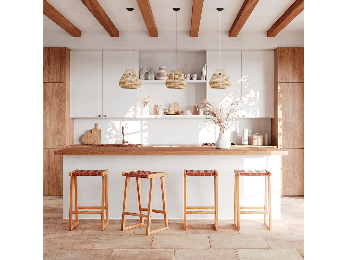 Taburetes para isla de cocina de teca y cuero tejido marrón 65 cm - Yuma