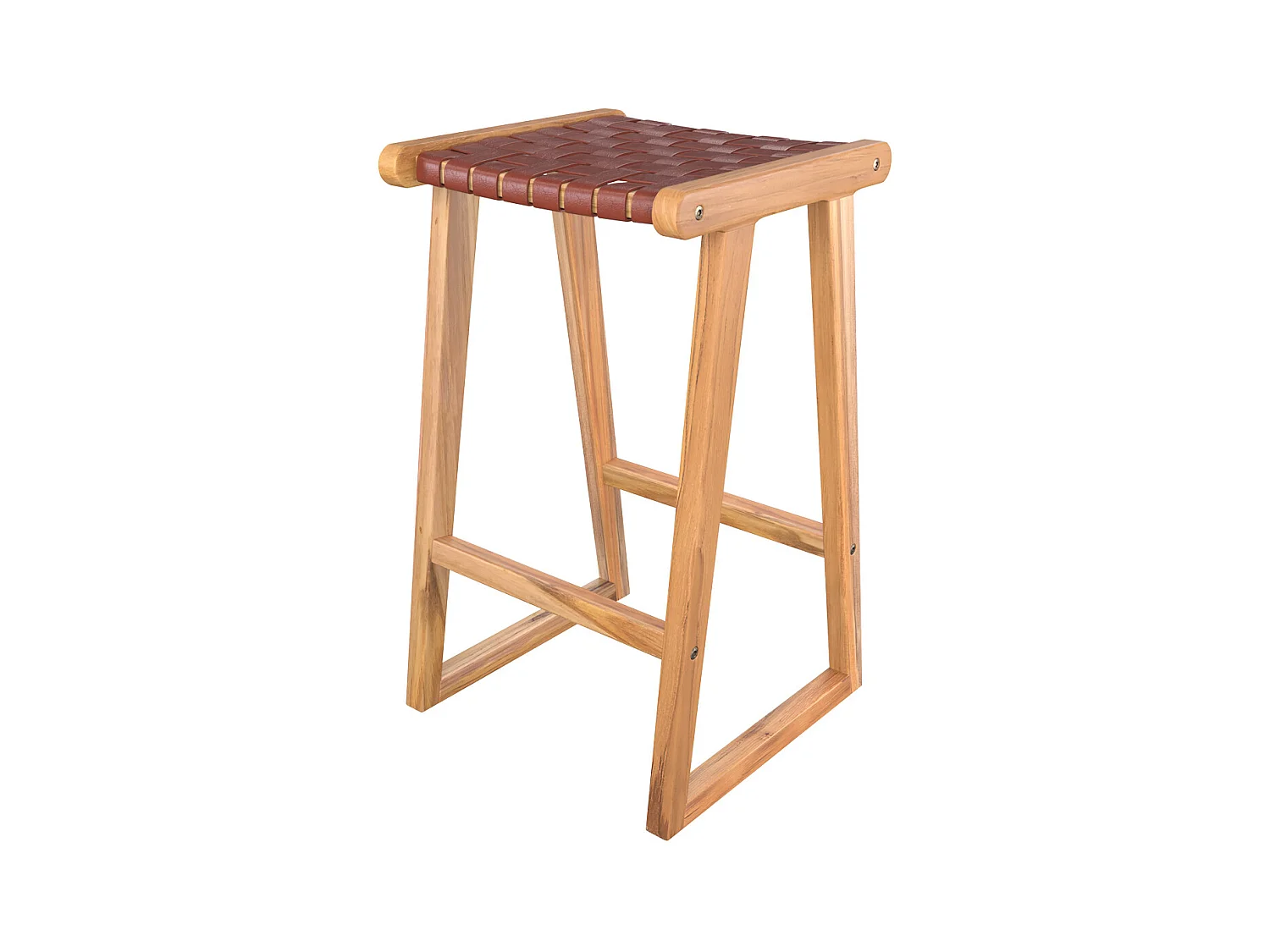 Tabouret pour îlot central 67 cm en teck et cuir tressé marron - Yuma
