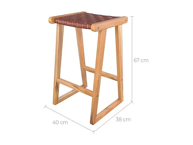 Tabouret pour îlot central 67 cm en teck et cuir tressé marron - Yuma