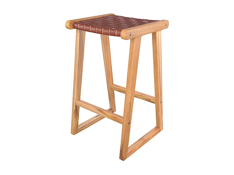 Tabouret pour îlot central 67 cm en teck et cuir tressé marron - Yuma