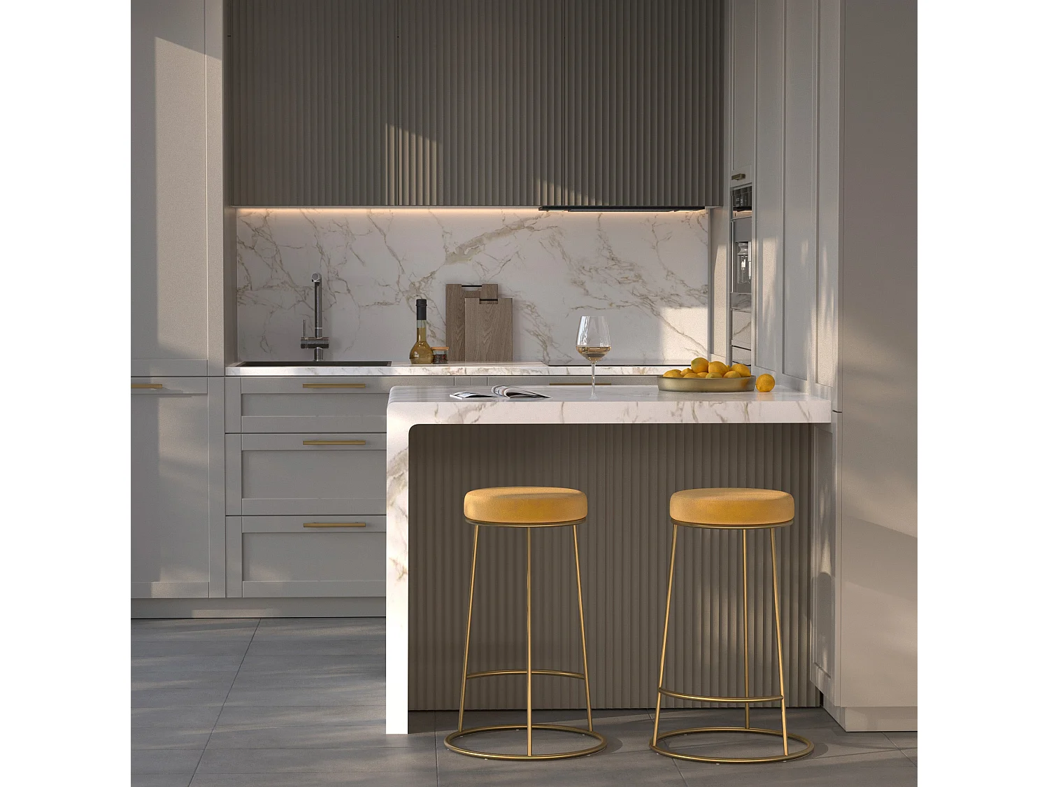 Set di 2 sgabelli per isola centrale 63 cm in velluto giallo curry - Kendal
