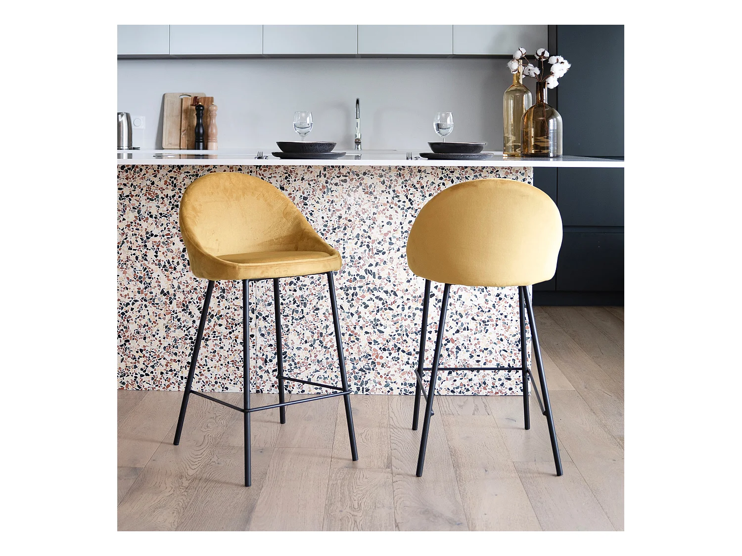 Set de 2 taburetes para isla de cocina de terciopelo amarillo 65 cm - Misty