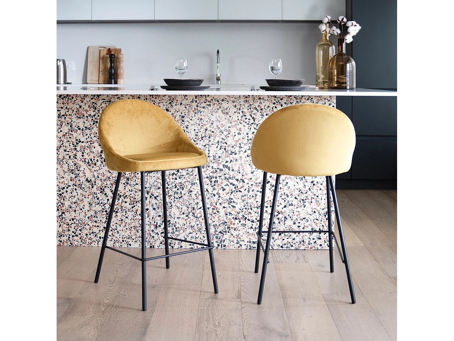 Set de 2 taburetes para isla de cocina de terciopelo amarillo 65 cm - Misty
