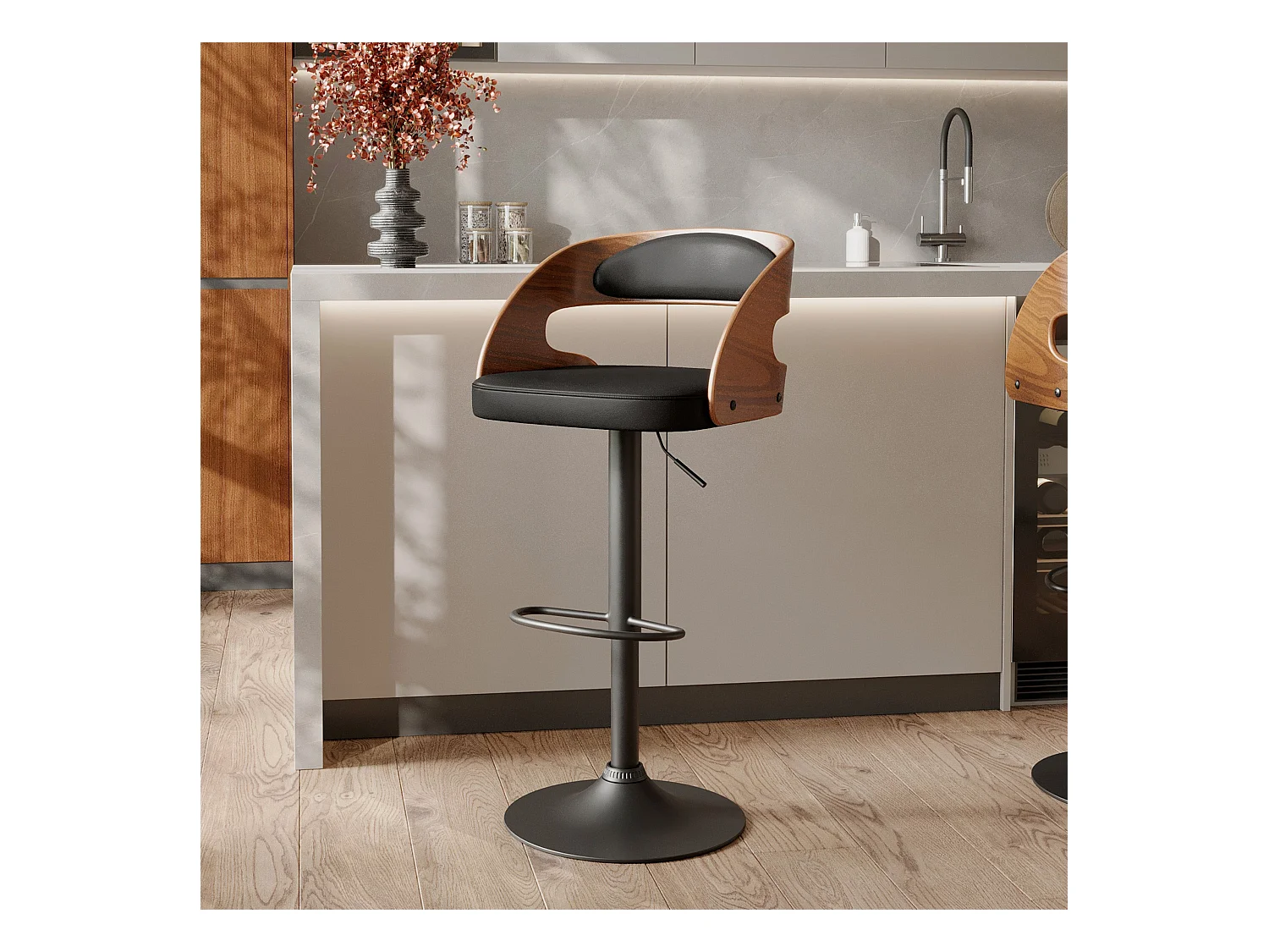 Silla de bar ajustable 62/84 cm en piel sintética negra - Louis