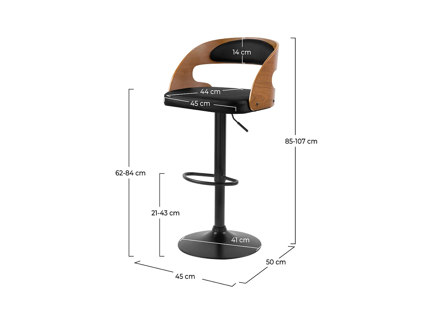 Silla de bar ajustable 62/84 cm en piel sintética negra - Louis