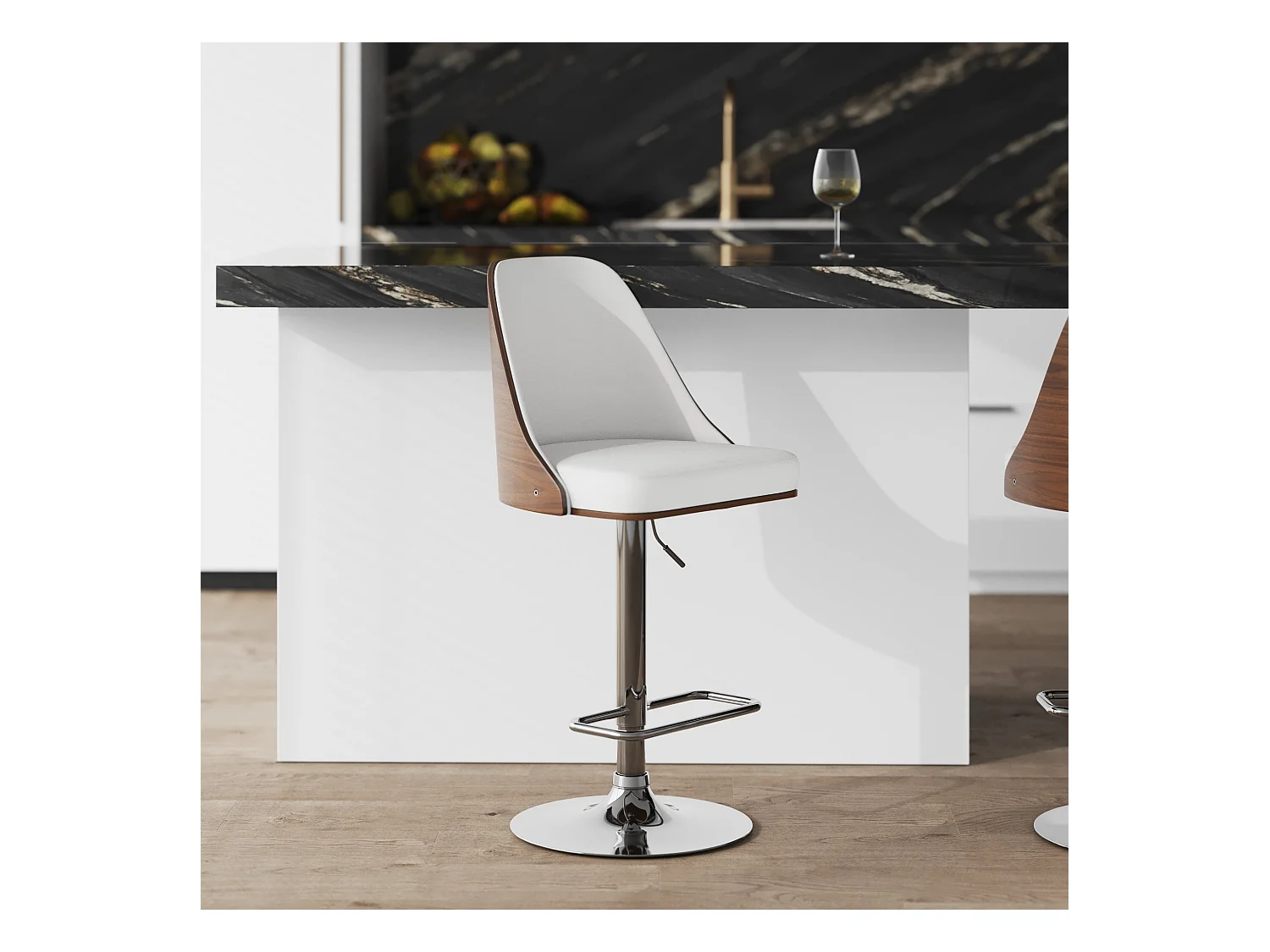 Silla de bar regulable en madera oscura y PU blanco 56/77 cm - Georges