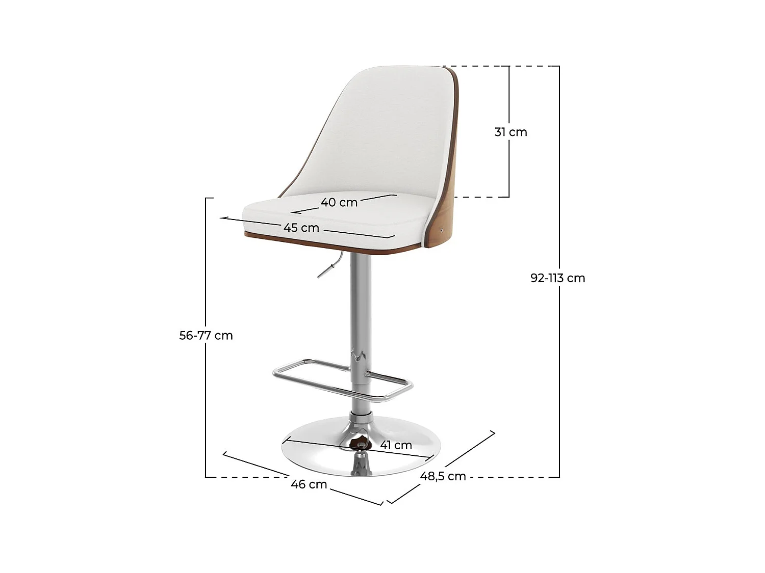 Silla de bar regulable en madera oscura y PU blanco 56/77 cm - Georges