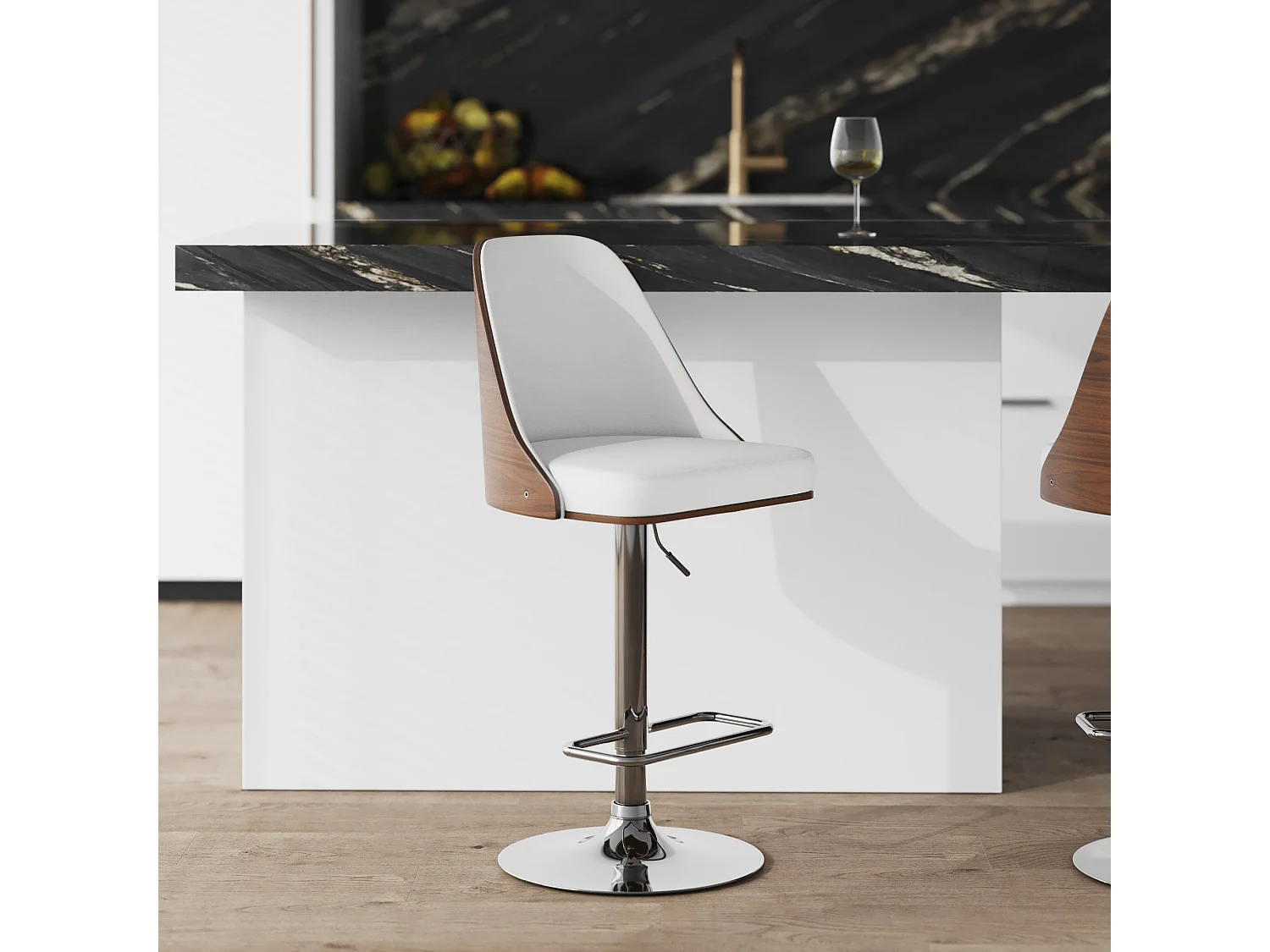 Chaise de bar réglable et pivotante en bois foncé et PU blanc 56/77 cm - Georges