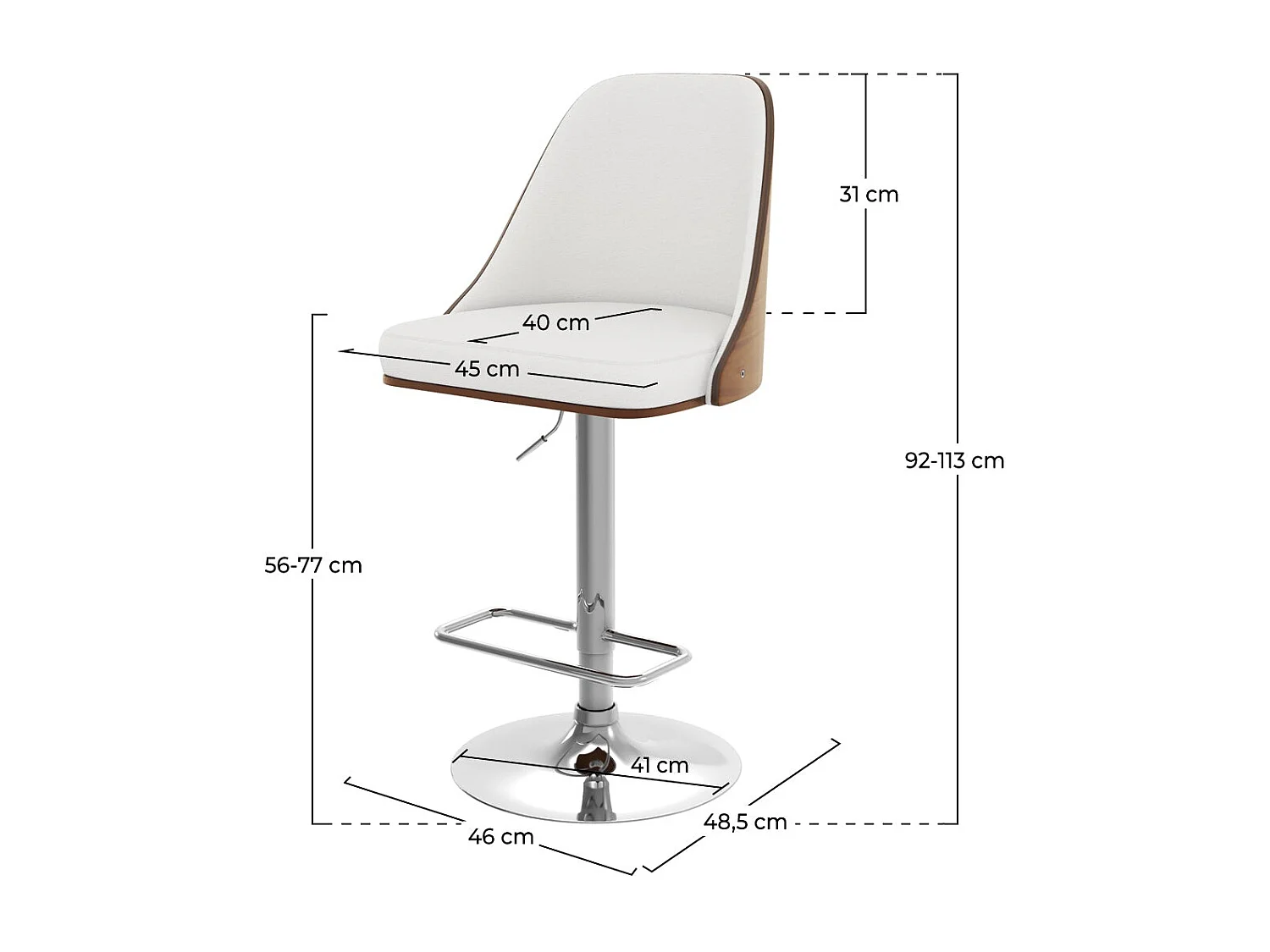 Chaise de bar réglable et pivotante en bois foncé et PU blanc 56/77 cm - Georges