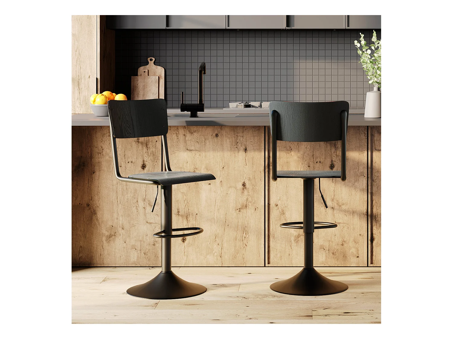 Set de 2 sillas de bar ajustables 60/80 cm en madera negra - Clem
