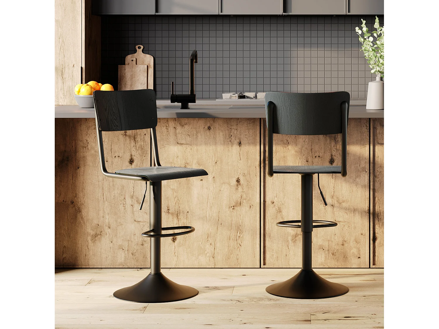 Set de 2 sillas de bar ajustables 60/80 cm en madera negra - Clem