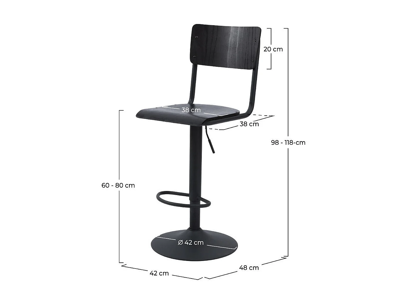 Set de 2 sillas de bar ajustables 60/80 cm en madera negra - Clem