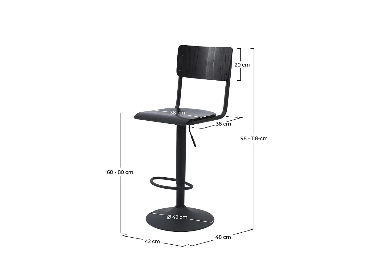 Set di 2 sgabelli da bar regolabili 60/80 cm in legno nero - Clem