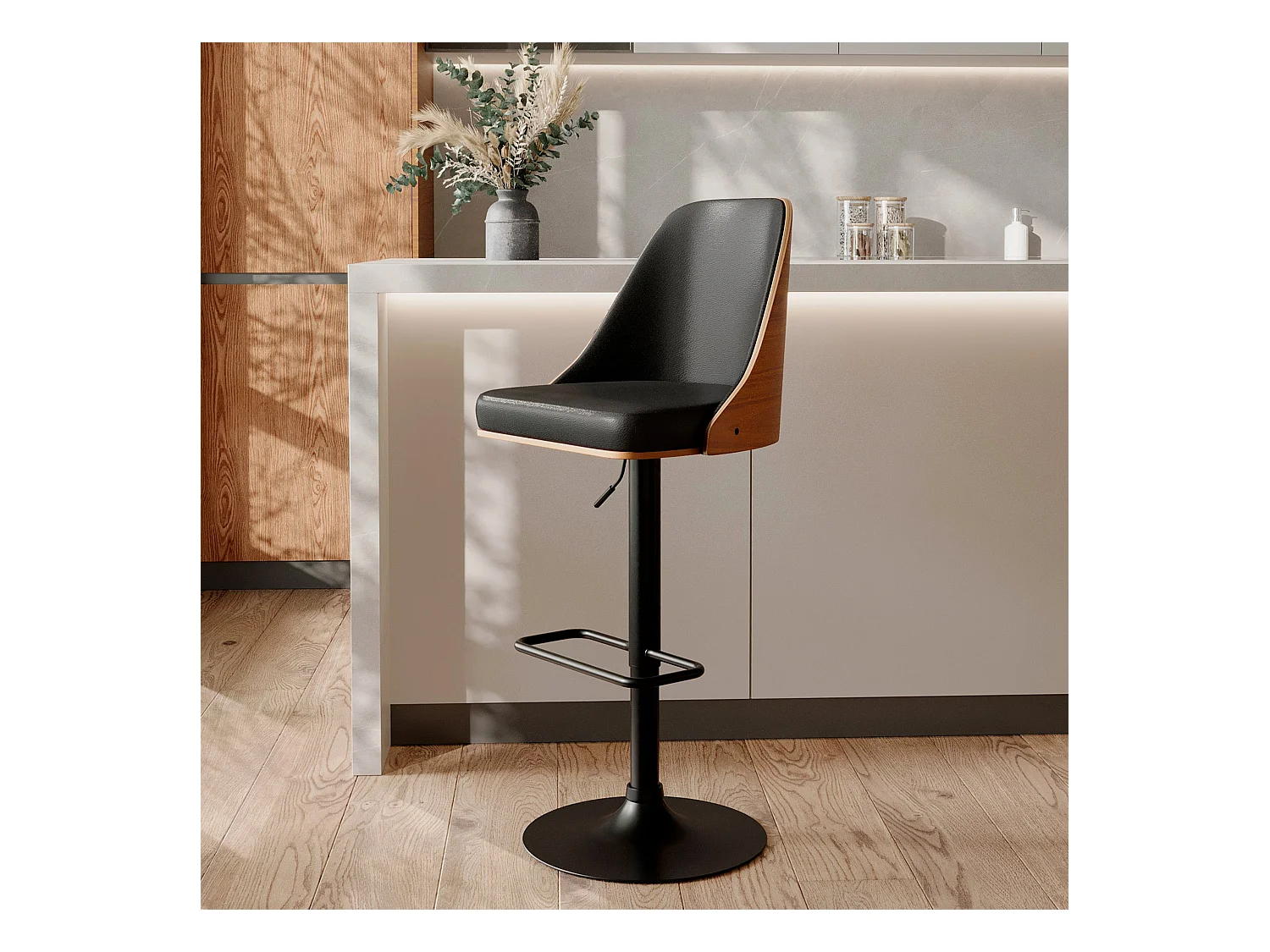 Silla de bar regulable en madera oscura y PU negro 56/77 cm - Georges