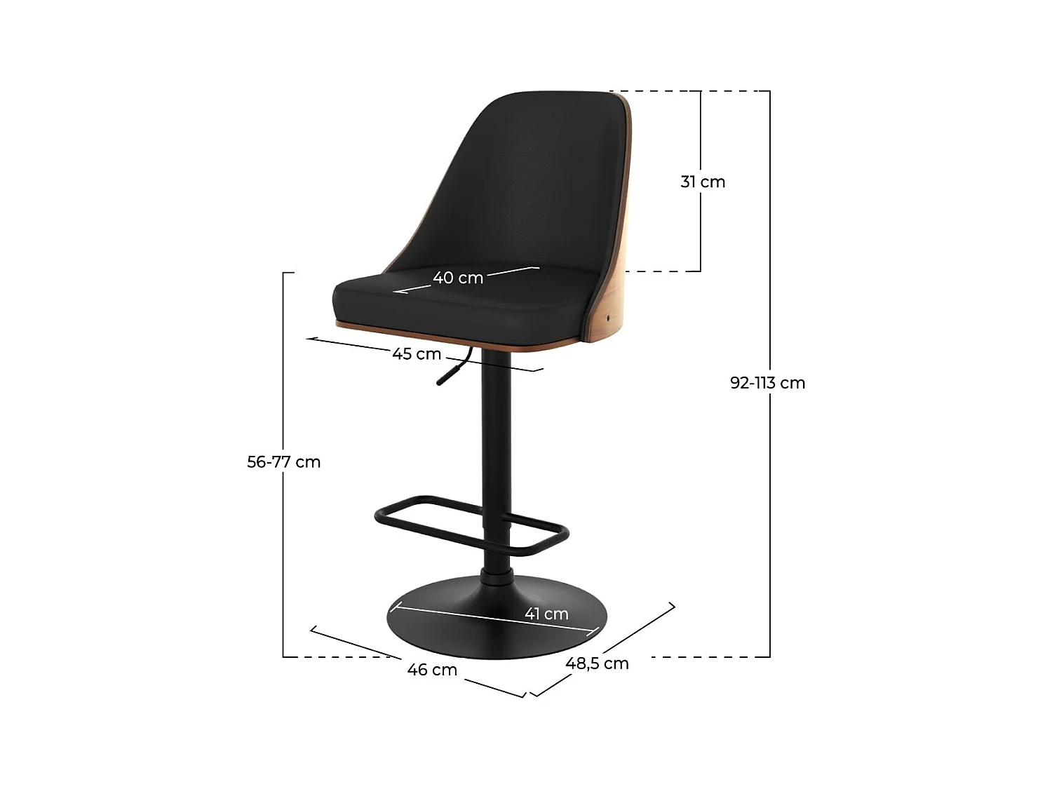Silla de bar regulable en madera oscura y PU negro 56/77 cm - Georges