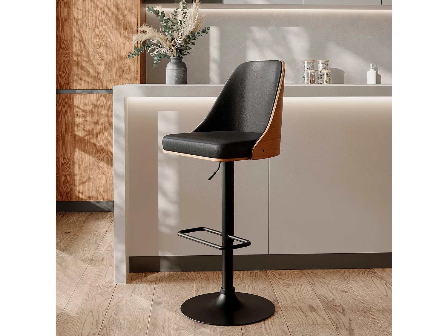 Chaise de bar réglable et pivotante en bois foncé et PU noir 56/77 cm - Georges