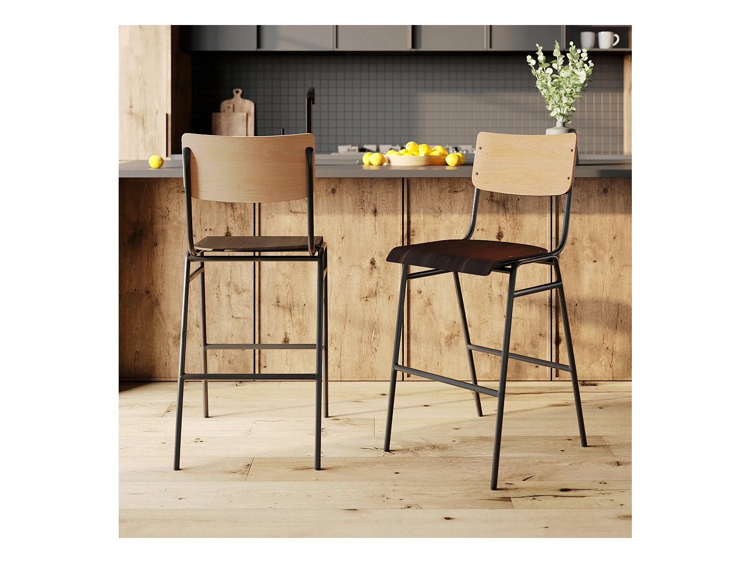 Set de 2 taburetes para isla de cocina de madera clara y negra 65 cm - Clem