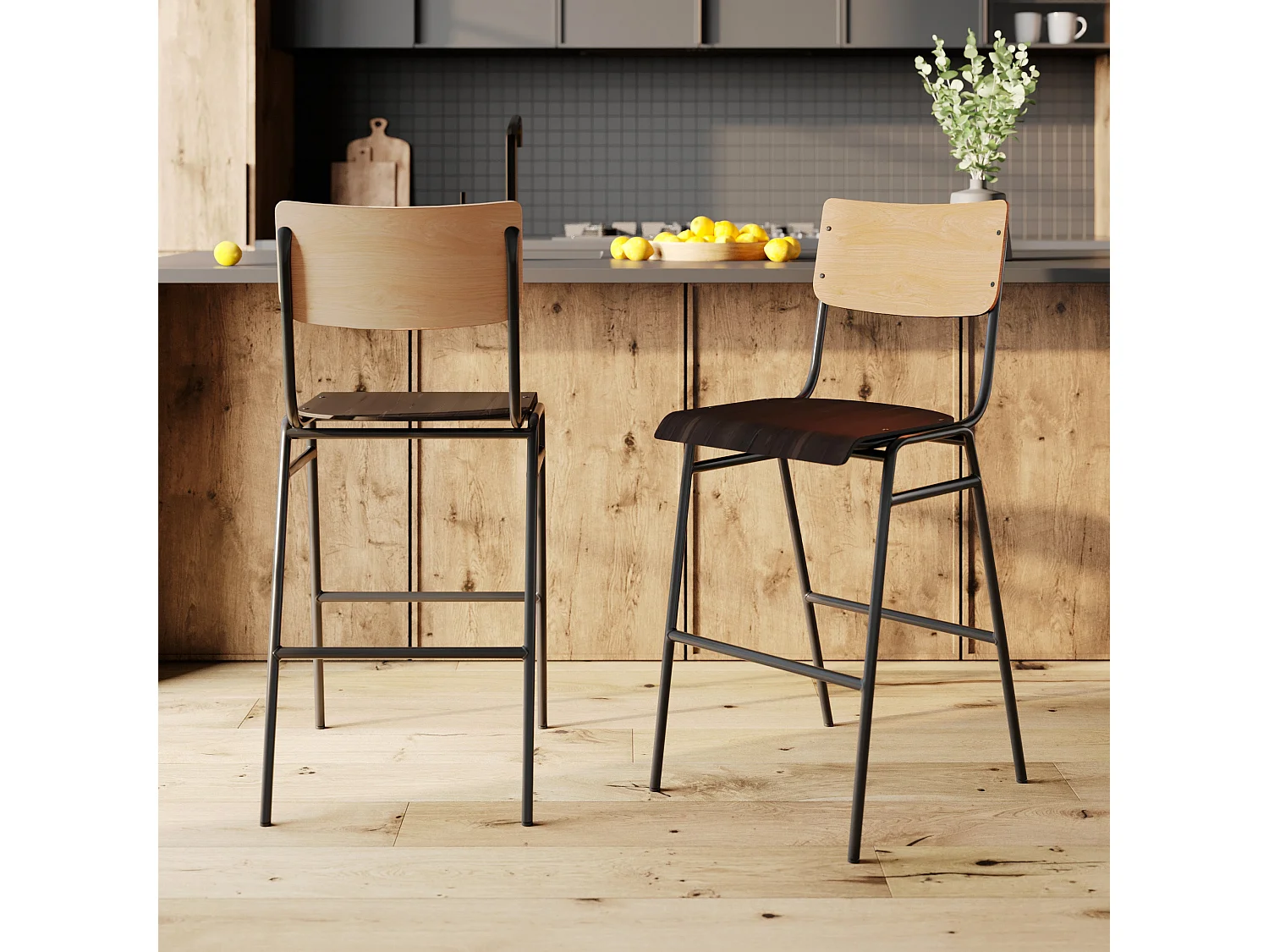 Set di 2 sedie per isola centrale 66 cm in legno chiaro e nero - Clem