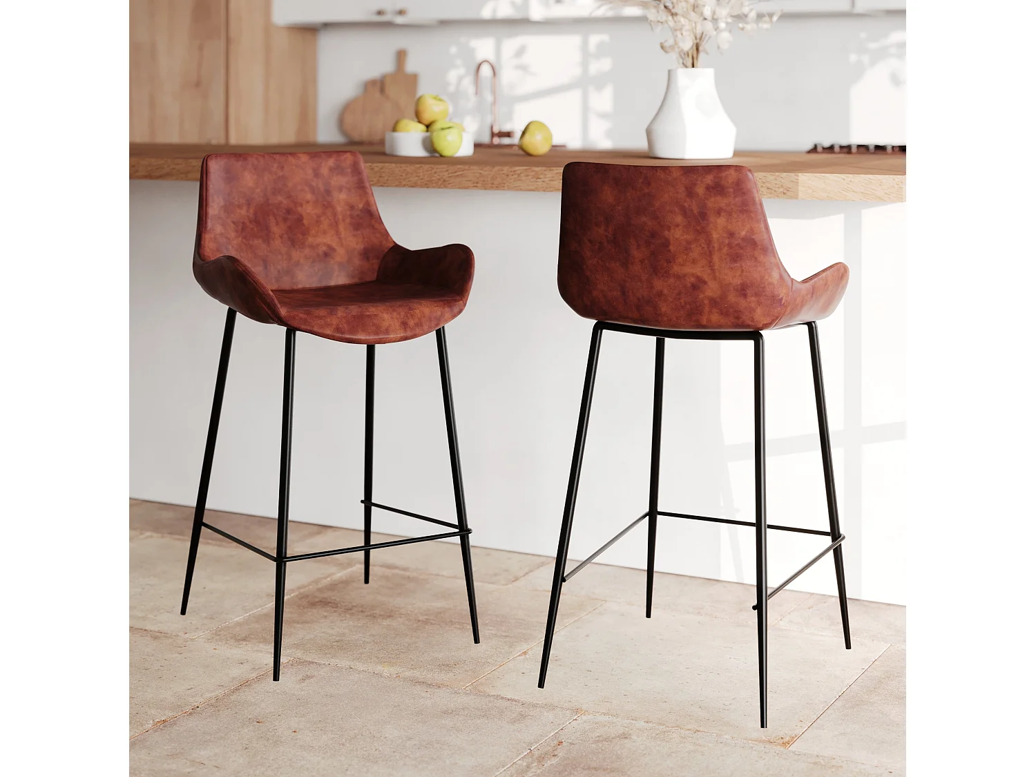 Lot de 2 chaises pour îlot central 65 cm en cuir synthétique marron - Pirata