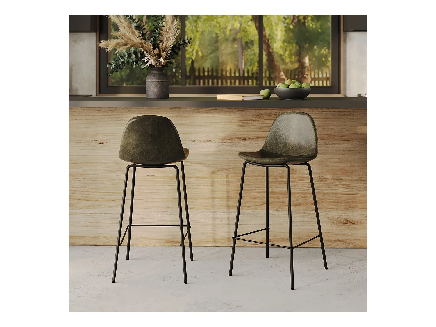 Set de 2 taburetes para isla de cocina en sintético verde caqui 65 cm - Henrik