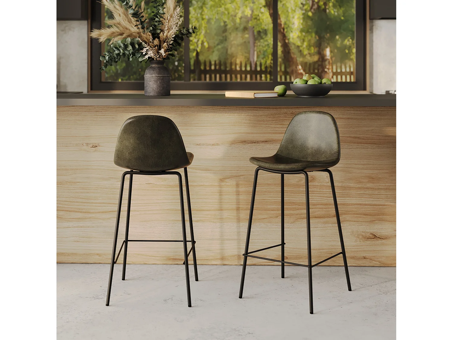 Set de 2 taburetes para isla de cocina en sintético verde caqui 65 cm - Henrik