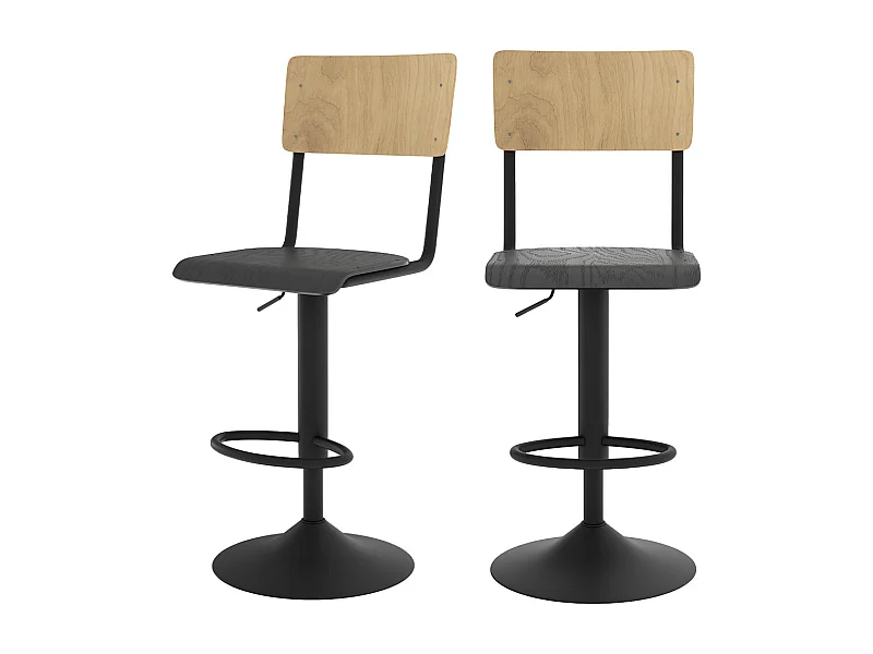 Set di 2 sedie da bar regolabili in legno chiaro e nero 60/80 cm - Clem