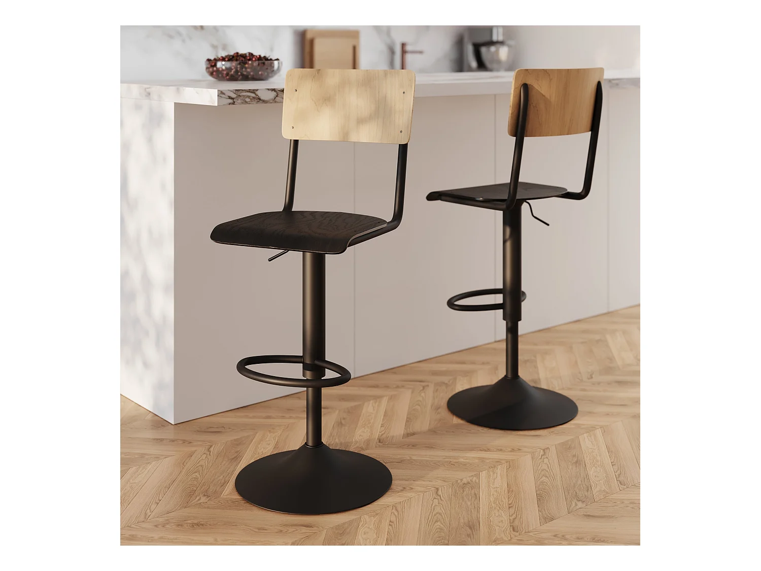 Set di 2 sedie da bar regolabili in legno chiaro e nero 60/80 cm - Clem