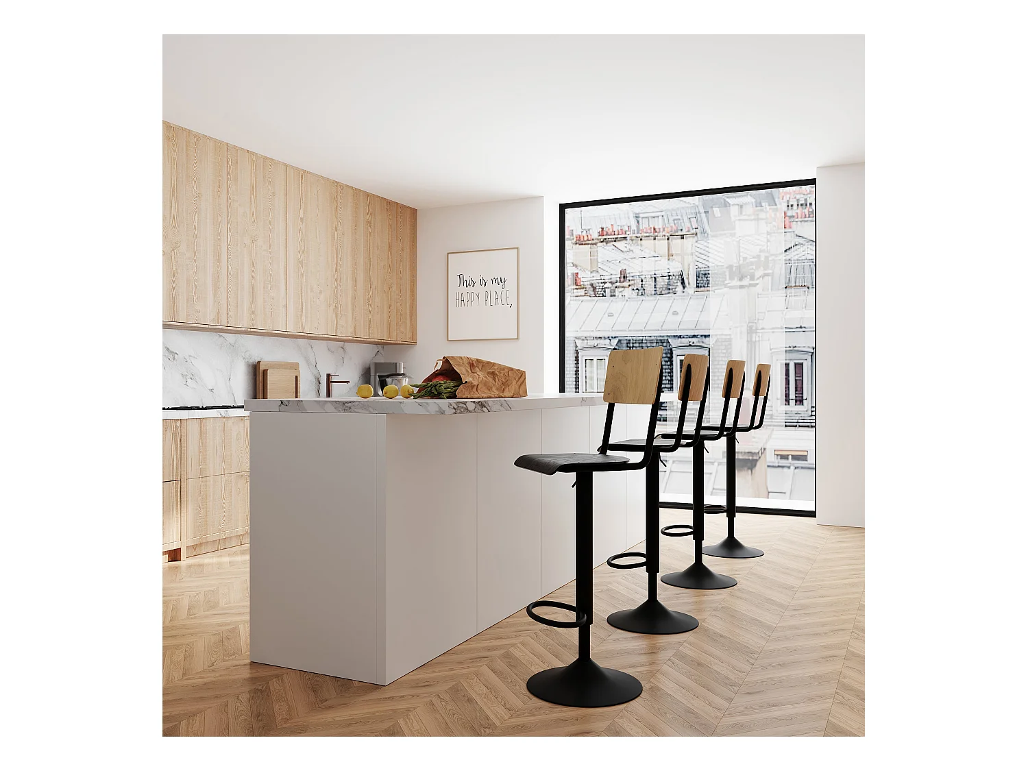 Set di 2 sedie da bar regolabili in legno chiaro e nero 60/80 cm - Clem