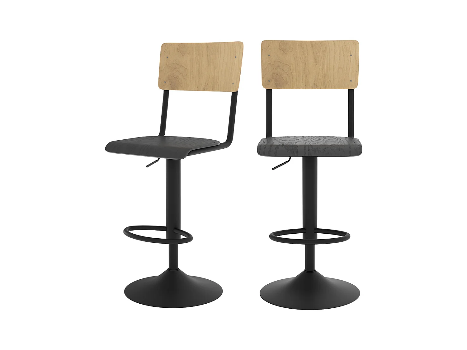 Lot de 2 chaises de bar réglables 60/80 cm en bois clair et noir - Clem