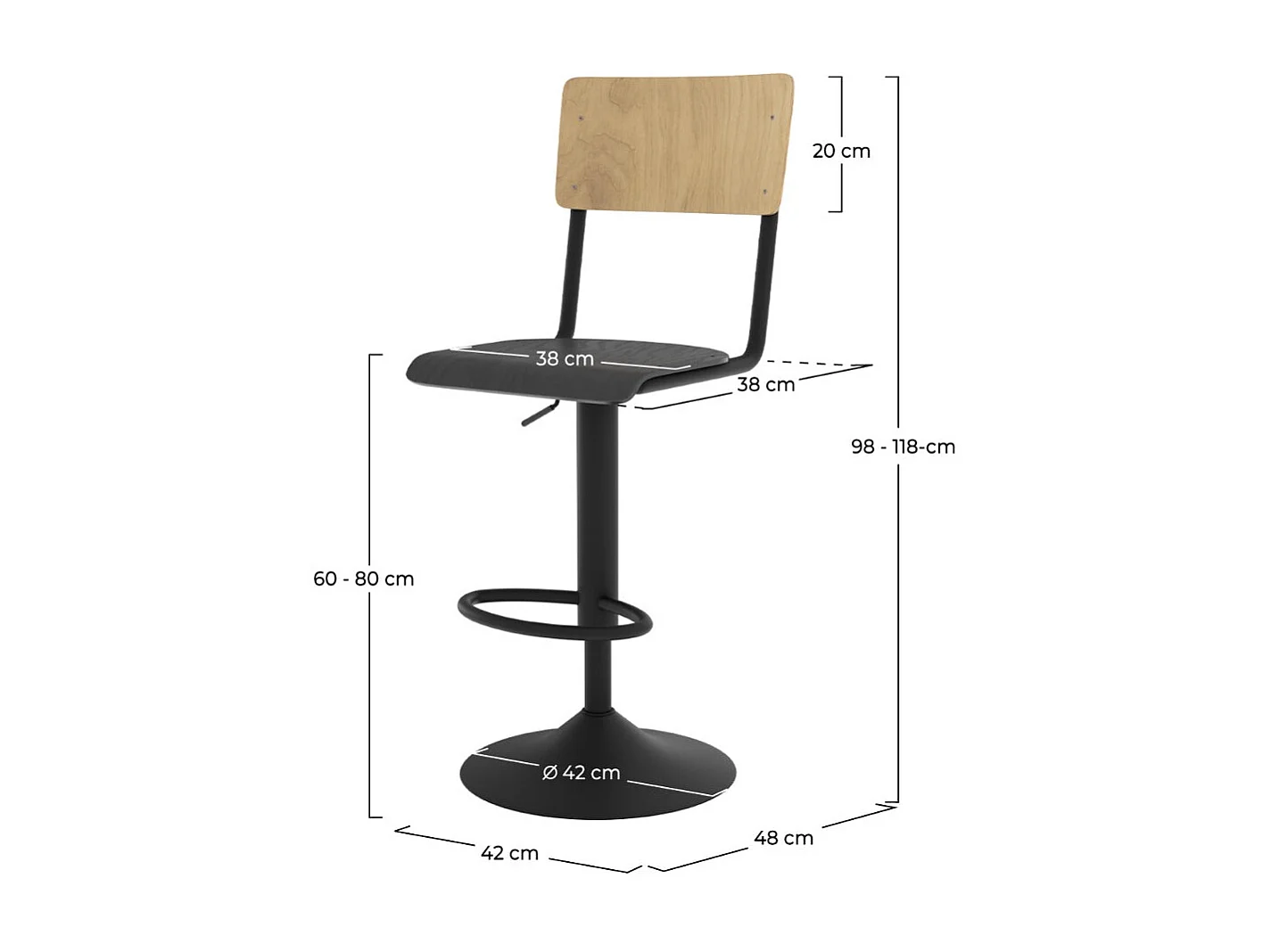 Set de 2 sillas de bar ajustables 60/80 cm en madera clara y negro - Clem