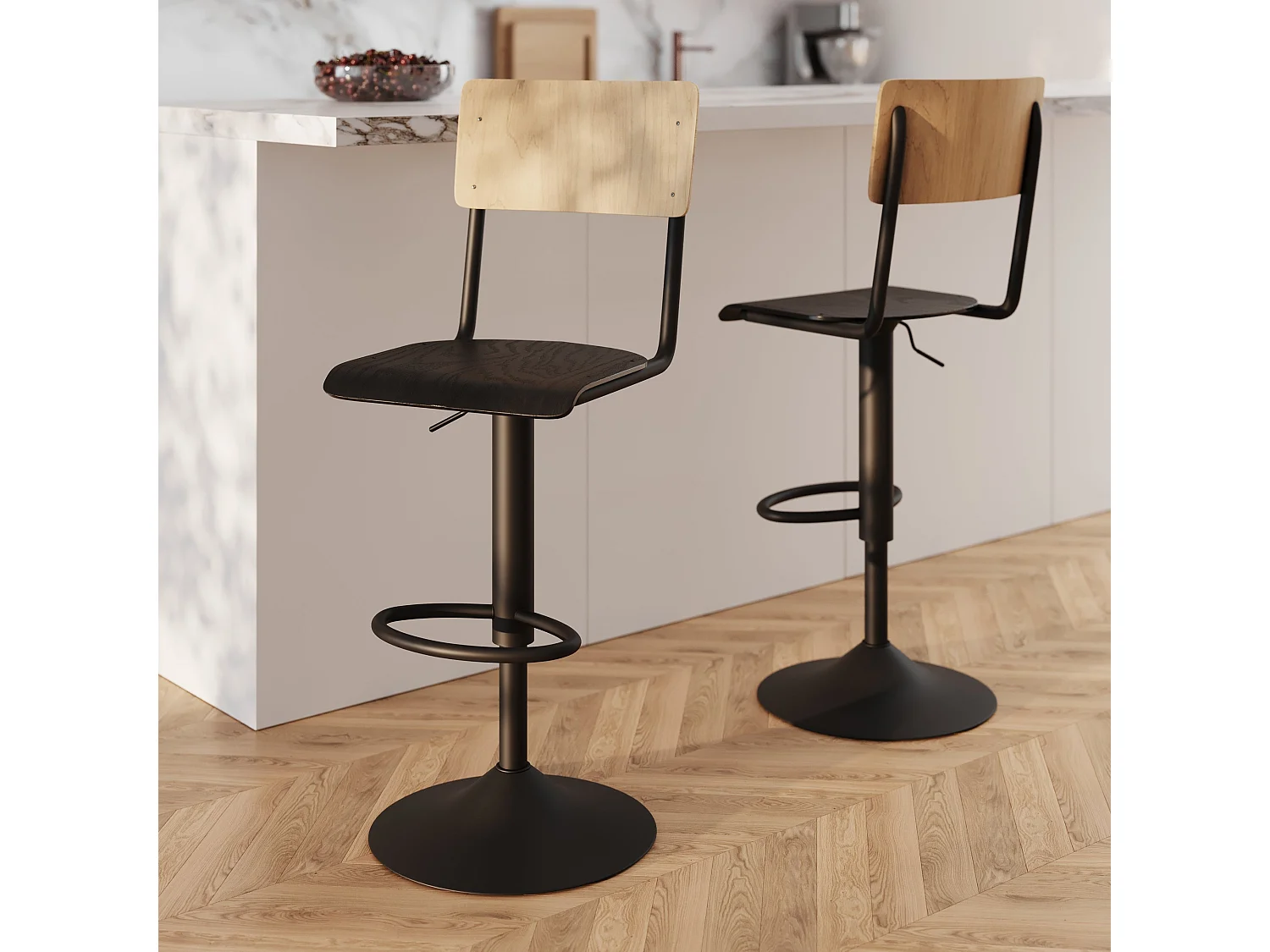 Set de 2 sillas de bar ajustables 60/80 cm en madera clara y negro - Clem