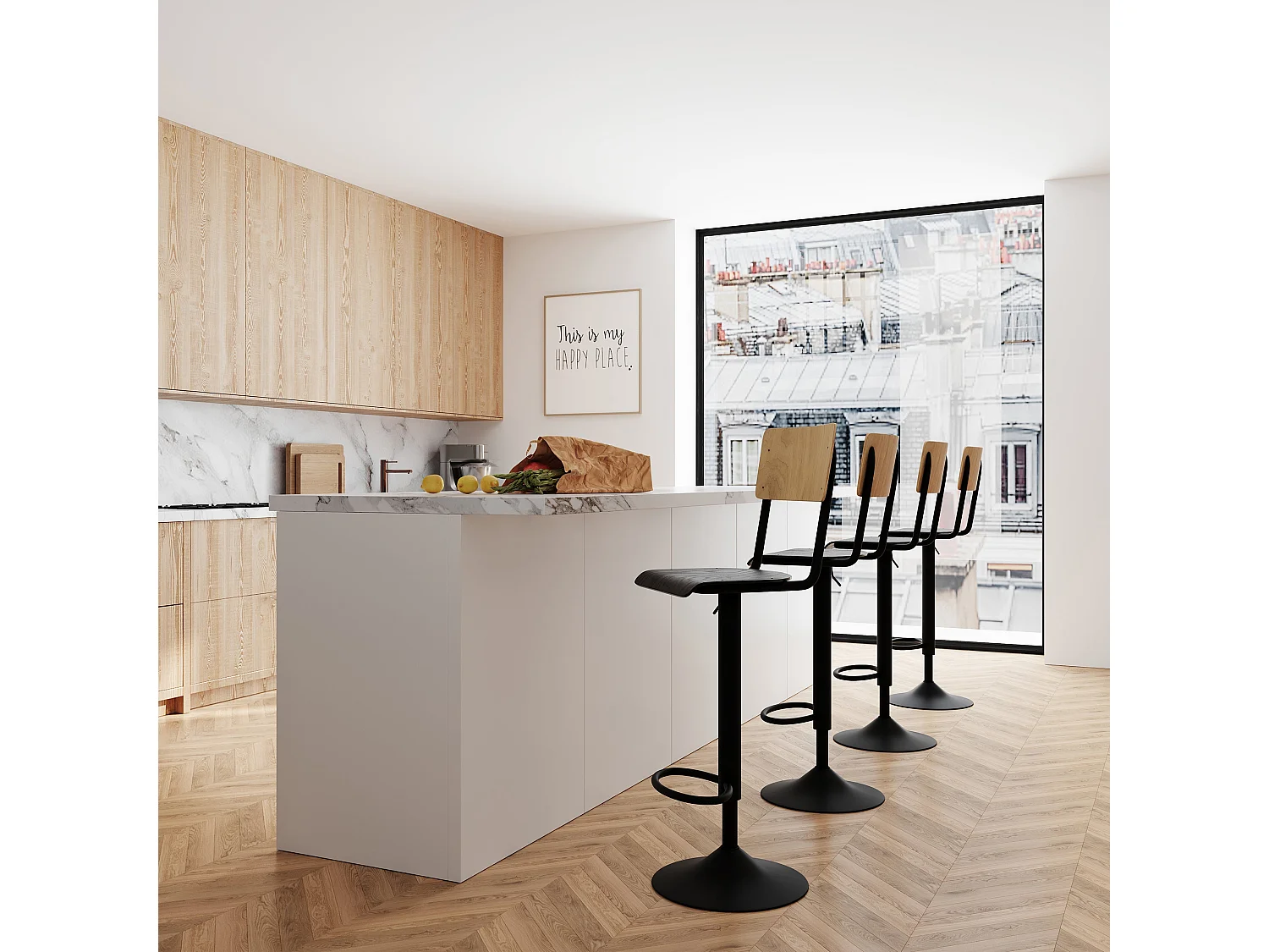 Set de 2 sillas de bar ajustables 60/80 cm en madera clara y negro - Clem