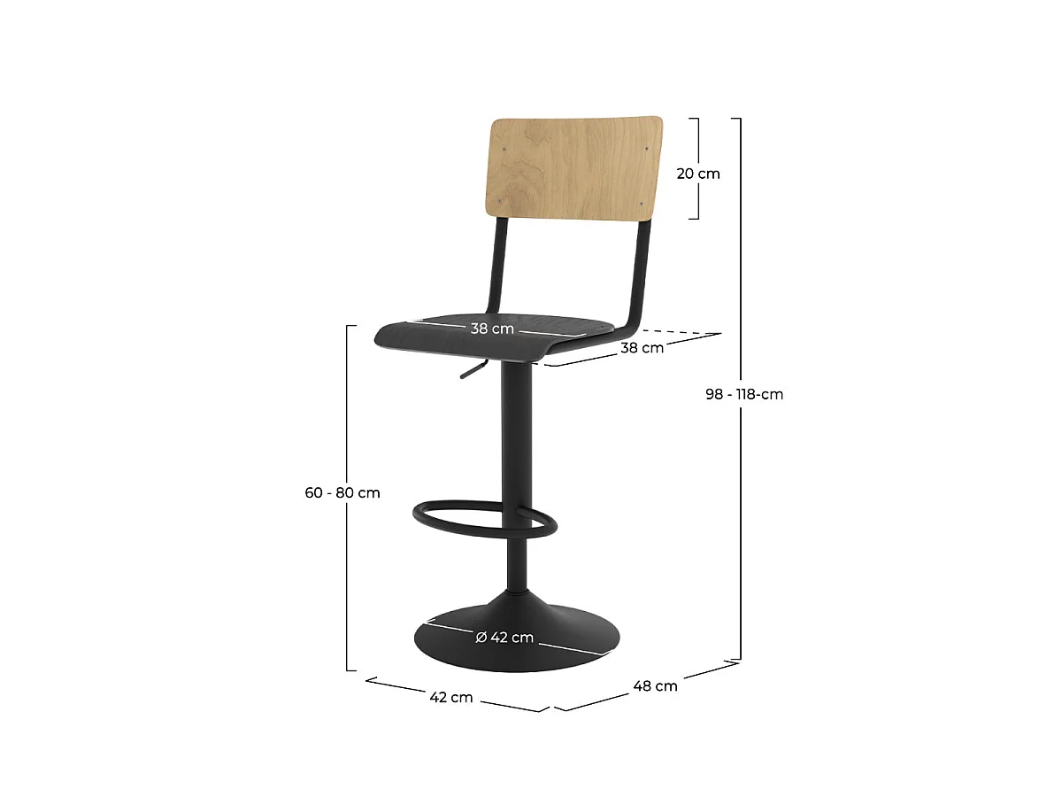 Set di 2 sgabelli da bar regolabili 60/80 cm in legno chiaro e nero - Clem