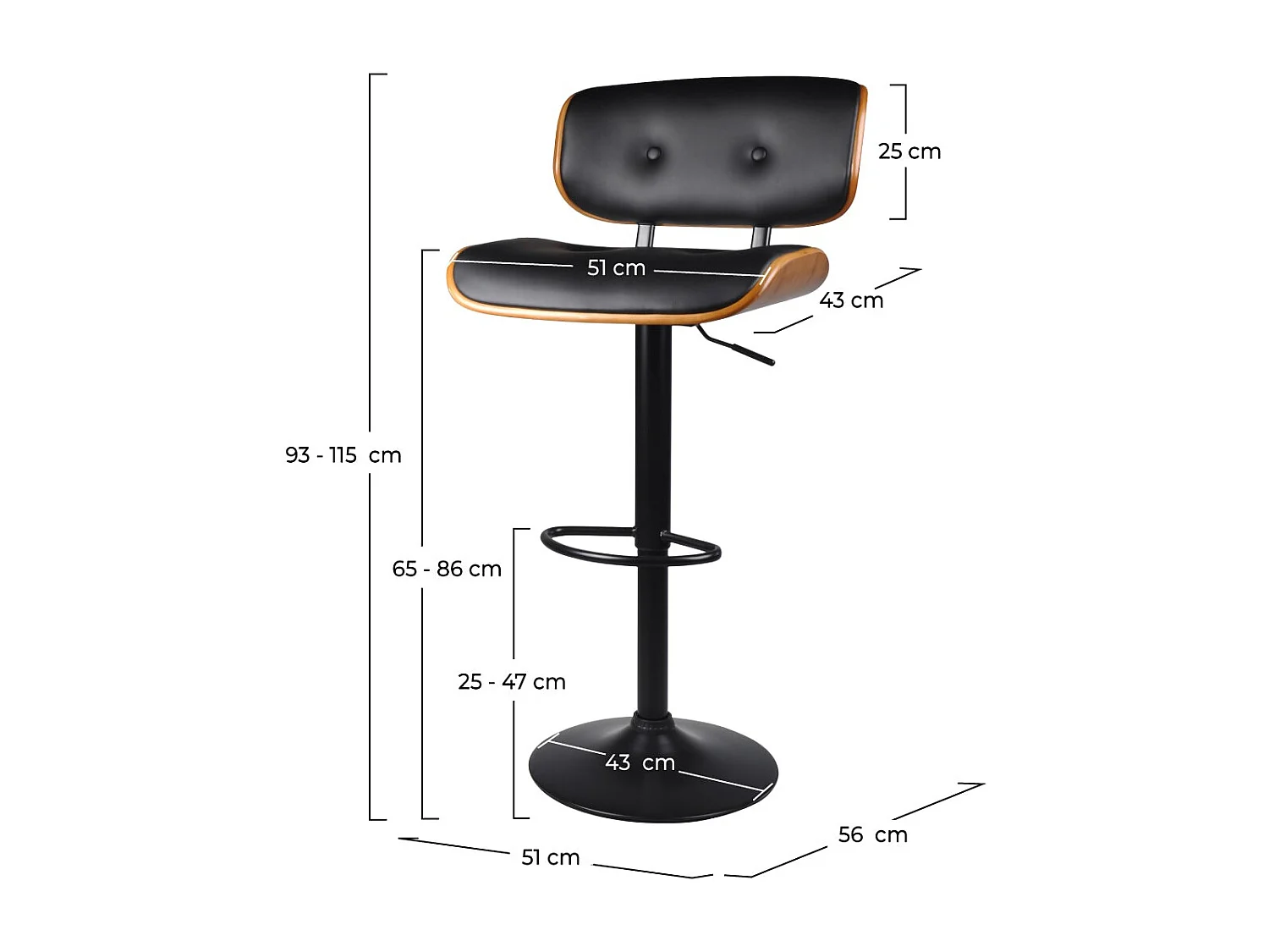 Chaise de bar réglable 65/86 cm en cuir synthétique noir - Melchior