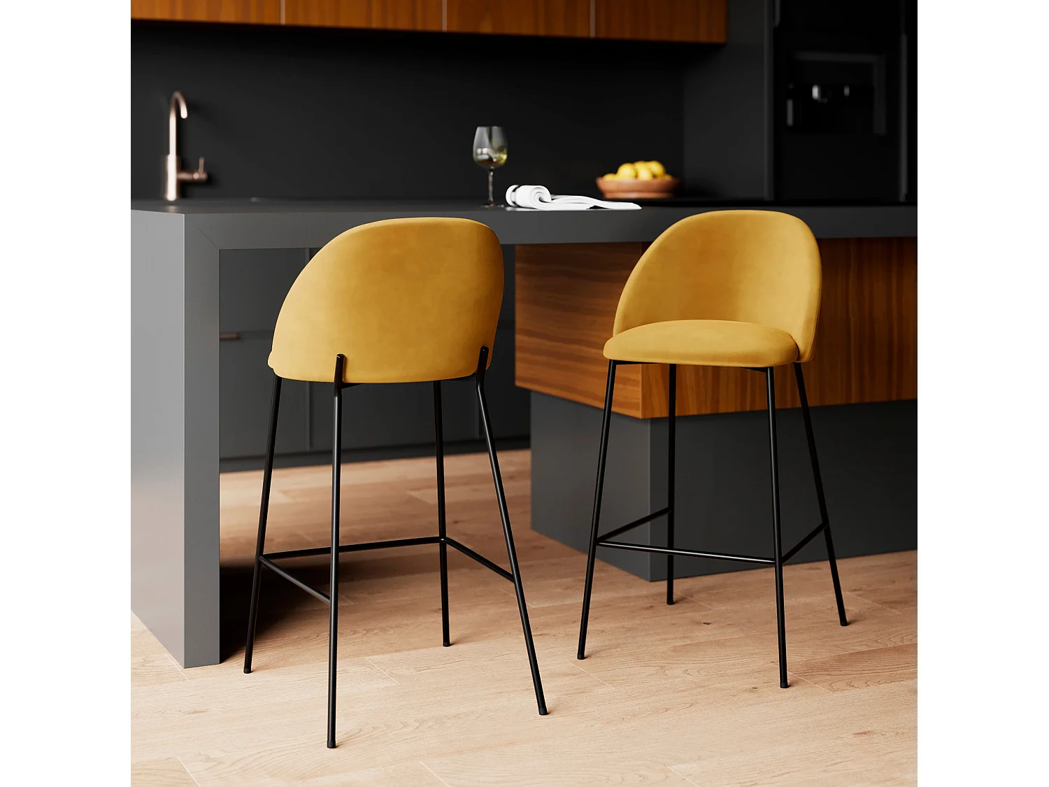 Lot de 2 chaises pour îlot central 66 cm en velours jaune moutarde - Karl