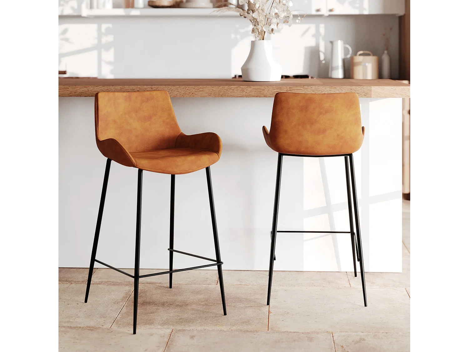 Lot de 2 chaises pour îlot central 65 cm en cuir synthétique camel - Pirata