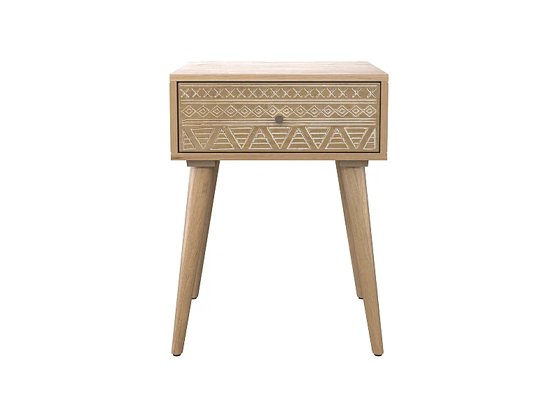 Comodino a 1 cassetto  in legno di mango inciso - Tiny