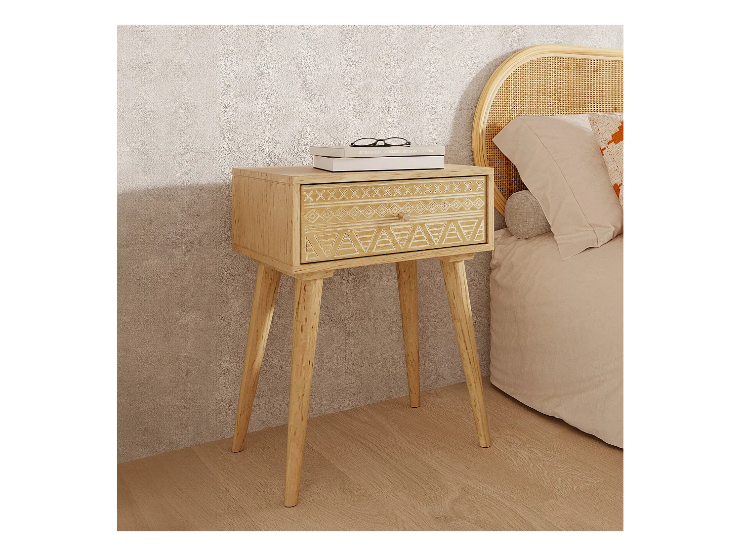 Table de chevet en bois de manguier gravé 1 tiroir - Tiny