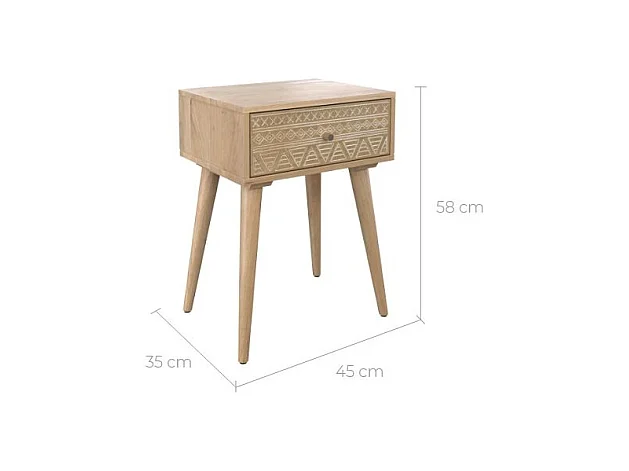Table de chevet en bois de manguier gravé 1 tiroir - Tiny